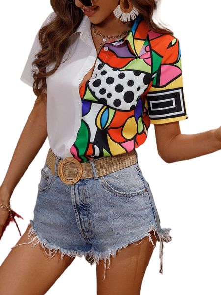 

graphic print button front shirt k09c#, White