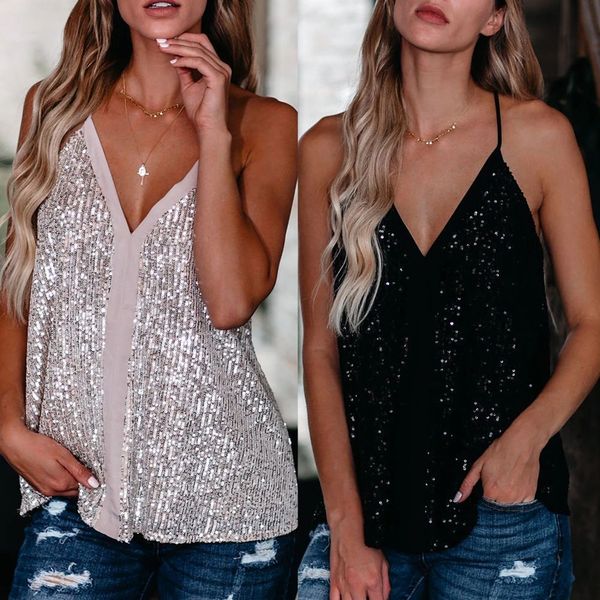 

women's t-shirt 2022 summer women camisole casual v neck sequins strappy tank vest sleeveless solid blouse tee female clothing, White