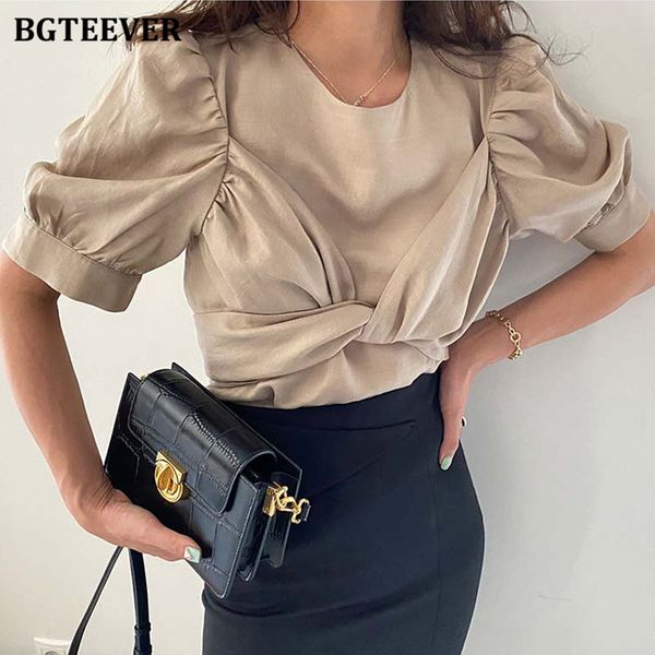 

stylish chic criss-cross lace-up women blouses puff short sleeve loose female shirts 2021 summer blusas femme, White