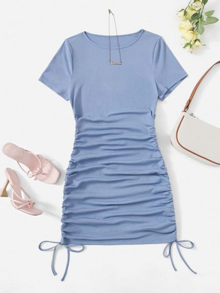 

plus solid drawstring dress 52jf#, Black