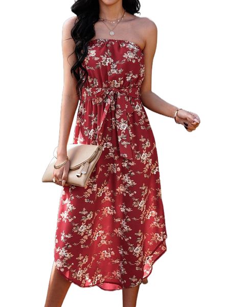 

random floral print curved hem belted tube dress q2ne#, Black;gray