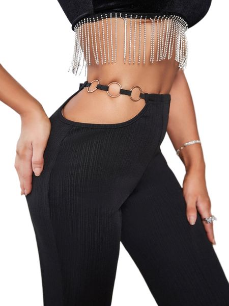 

cut out o-ring detail flare leg pants j5yl#, Black;white