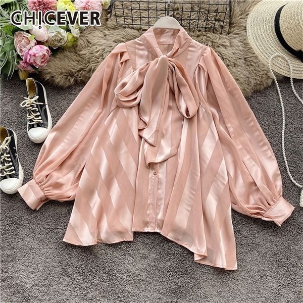 

chicever drawstring ruched women's shirt bow collar long sleeve striped ruffles summer blouse female fashion clothes new 201201, White