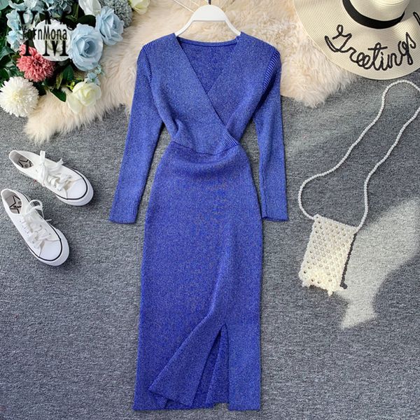 

yornmona shinning split elegant ladies office dress v neck knitted sweater dress workwear korean style women dress y200101, White;black