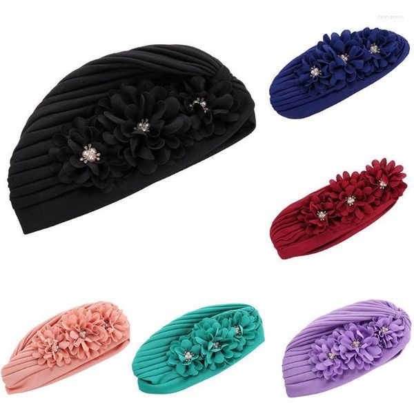 Beanie/Skull Caps Donna Fiori Volant Turbante Musulmano Elastico Perle Foulard Cofano Donna Accessori per capelli Cap Turbante Mujer Delm22