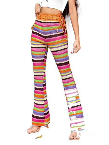 

rainbow striped print lace up flare leg pants c4c4#, Black;white