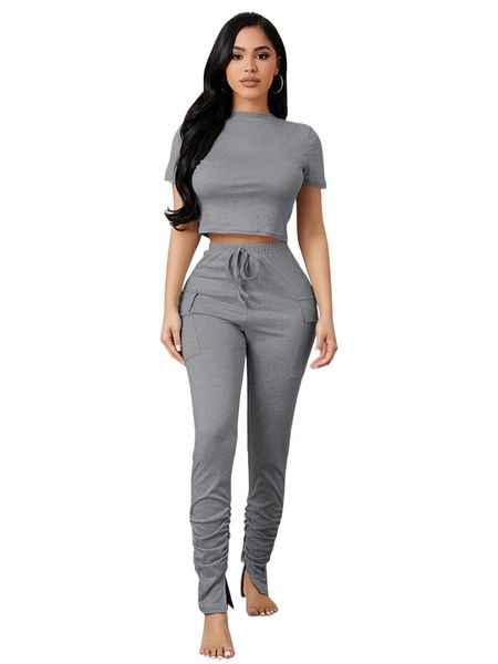 

knot front flap pocket ruched split hem lounge set q0ts#, Black;red