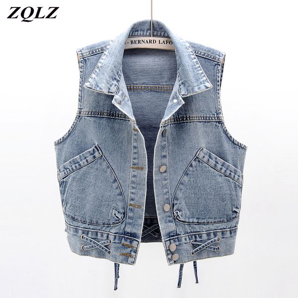 ZQLZ Autunno Denim Vest Jacket Donna Slim Plus Size 4XL 5XL Jeans corti Cappotto femminile Primavera Vintage Gilet Mujer 201031