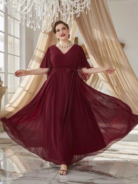 

plus flutter sleeve frilled bow detail chiffon dress 83d2#, Black