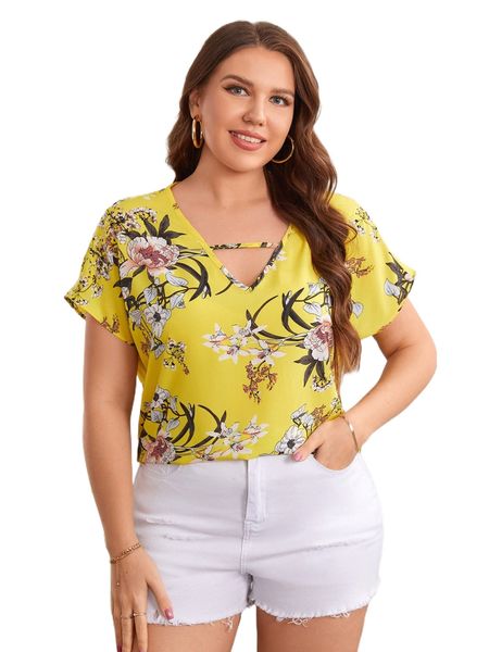 

plus v-neck floral t01l#, Black