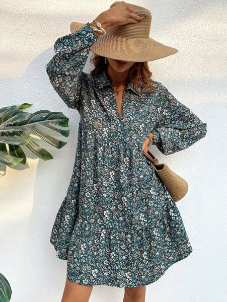 

allover floral ruffle hem smock dress 65ei#, Black;gray