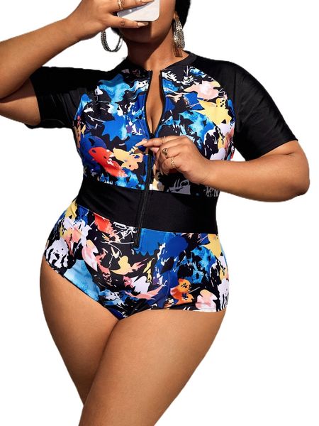 

plus graffiti zipper front one piece swimsuit h44e#, White;black