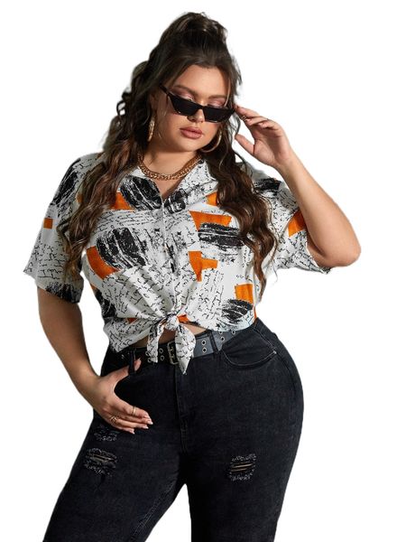 

plus allover print drop shoulder shirt b97y#, Black