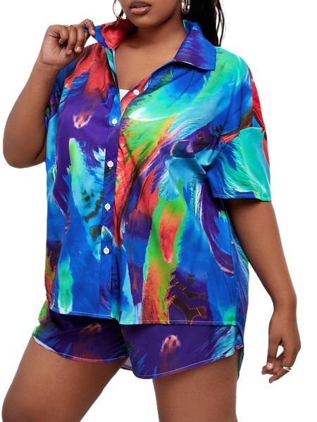 

sxy plus tie dye drop shoulder blouse & shorts c7go#, Black