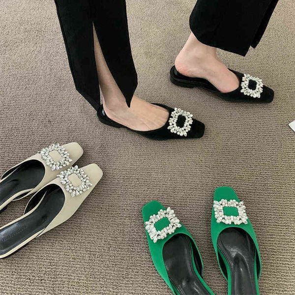Nxy terlik rimosy kapalı ayak parmağı kristal kadınlar yeşil pu deri düz slaytlar kadın 2022 moda rhinestones katırları yaz bayanlar ayakkabı 220705