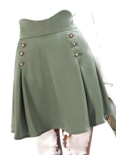 

high waist plicated detail fake button satin skirt n93x#, Black