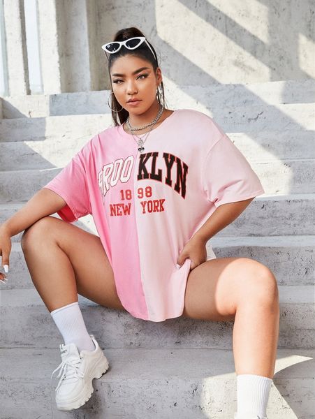 

plus letter graphic two tone drop shoulder tee v397#, Black