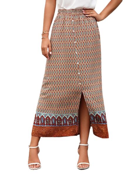 

allover print button front split skirt 97yd#, Black