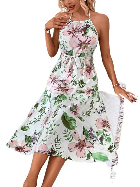

floral print belted halter dress r3cf#, Black;gray