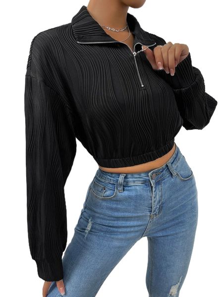 

drop shoulder zip half placket textured sweatshirt n2tk#, Black
