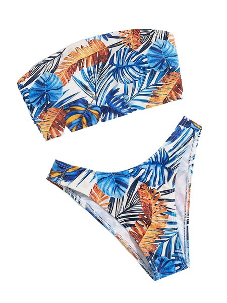 

plant print bandeau high cut bikini swimsuit r2yf#, White;black