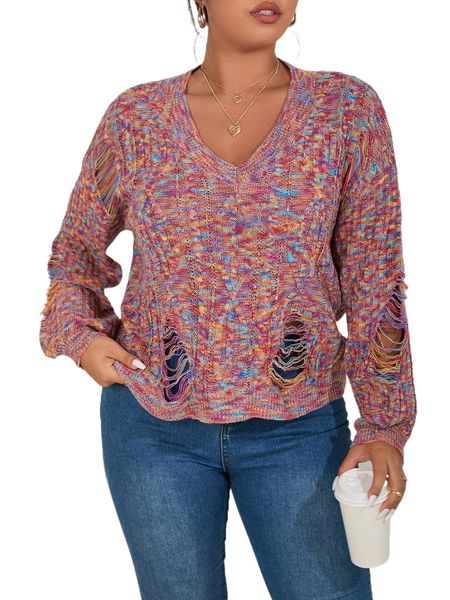 

plus space dye ripped drop shoulder sweater q3ik#, Black