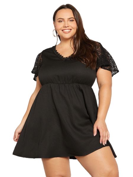 

evolu plus contrast lace panel a-line dress 40re#, Black