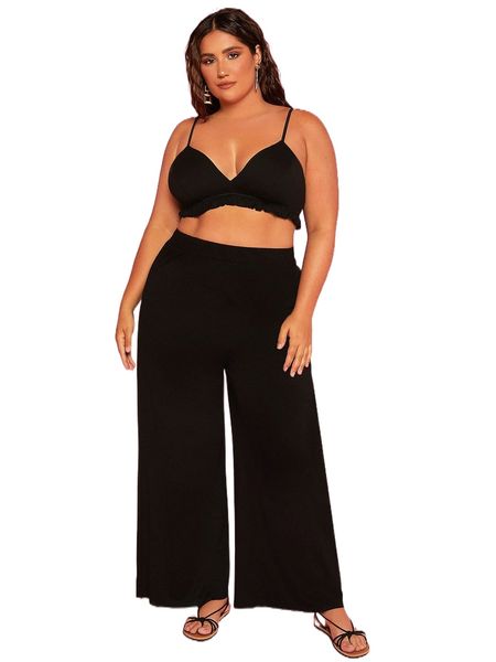 

evolu plus solid crop cami & wide leg pants n0m9#, Black