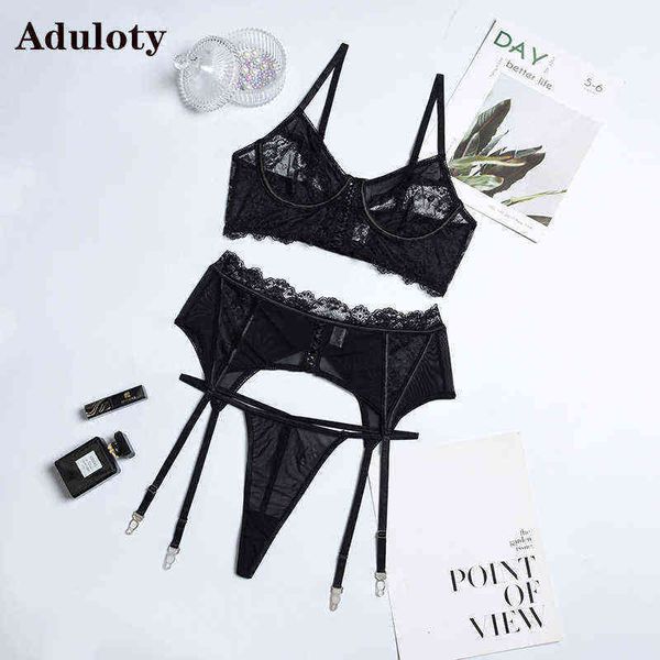 

nxy set women lace eyelashes stitching sling steel ring gathering bra hollowed out mesh gauze erotic underwear three piece 0216, Red;black