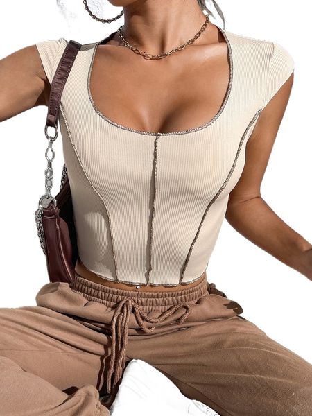 

stitching scoop neck ribbed knit tee u7w0#, White