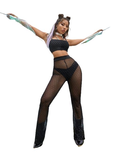 

crop mesh cami with flare leg pants k44b#, White