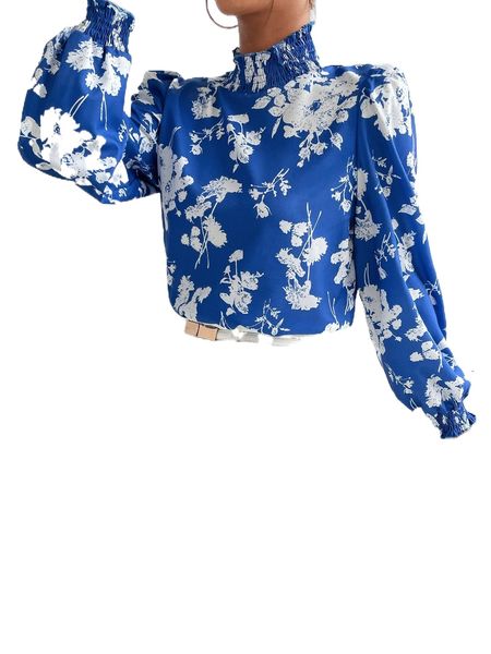 

stand collar floral print flounce sleeve blouse 85v2#, White