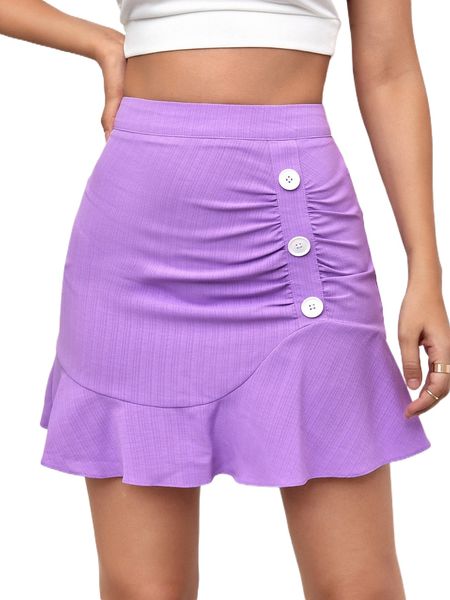 

x domelipa fake button ruched ruffle hem skirt j1tp#, Black