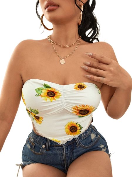 

sunflower print lace trim bandana hem tube i8t3#, White