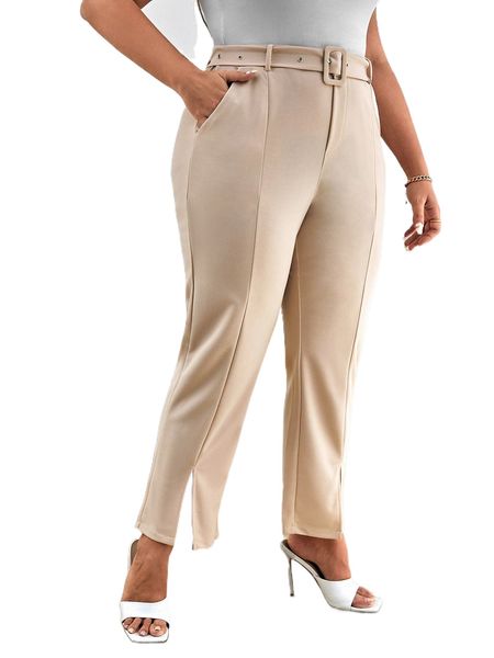 

plus high waist belted slit hem pants 34zi#, Black
