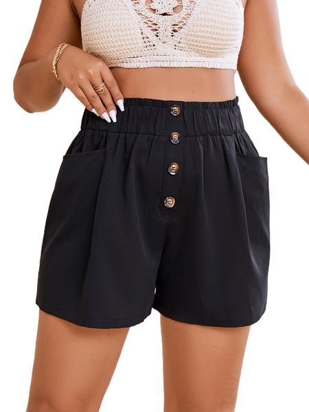 

plus button detail paperbag waist shorts s4c8#, Black