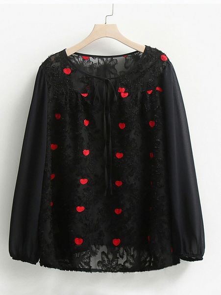 

plus heart embroidery fuzzy blouse k9ud#, Black