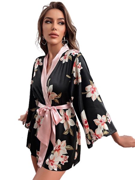 

floral print contrast trim belted satin sleep robe x8sn#, Black;red