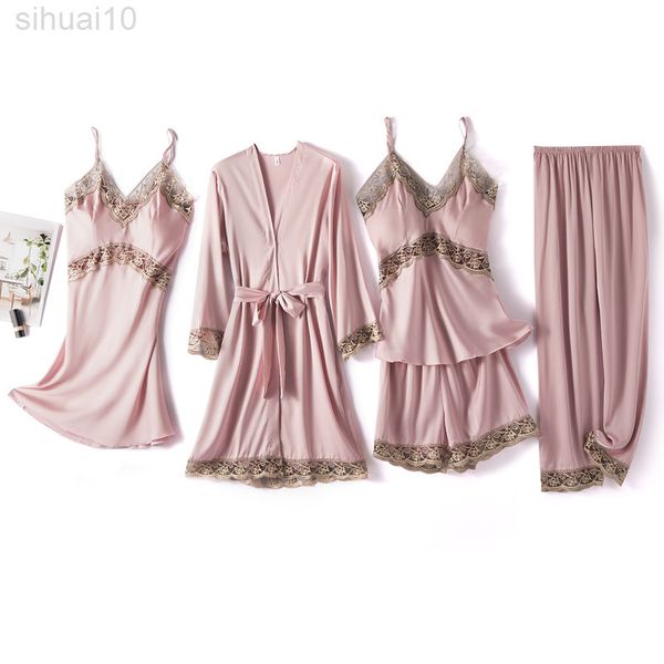 

garment women 5 pcs sets suit lace bridesmaid gown bathrobe pyjamas casual nightwear woman dress fashion long nightpant l220803, Black;red