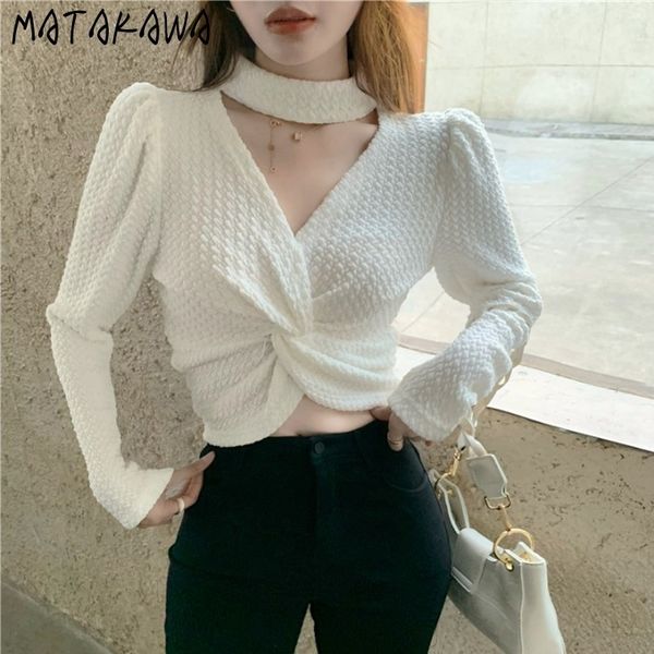 

vneck blouse women autumn and winter folds short knit korean temperament slim white shirt 210506