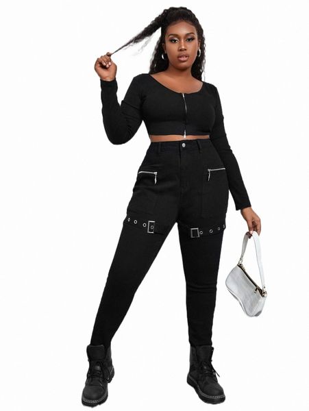 

plus high waist buckled detail zip pocket skinny jeans g5mo#, Blue
