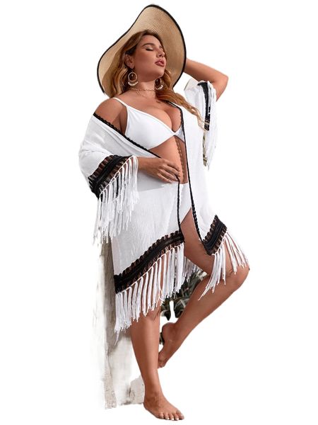 

plus colorblock fringe trim batwing sleeve kimono 81f5#, Black;gray