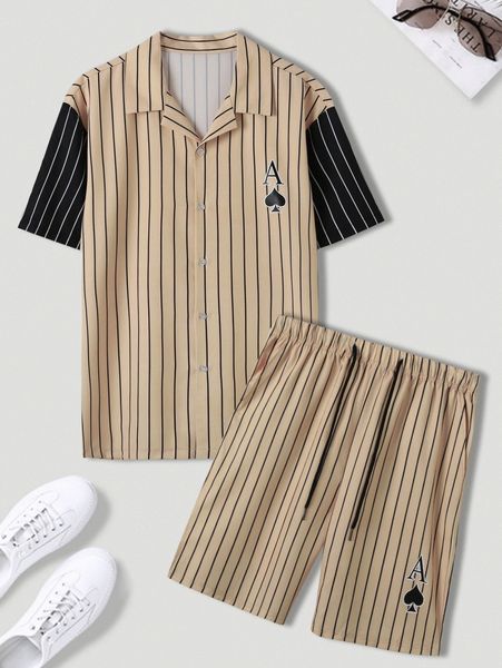 

men stripe & playing card print shirt & drawstring shorts a80u#, Gray