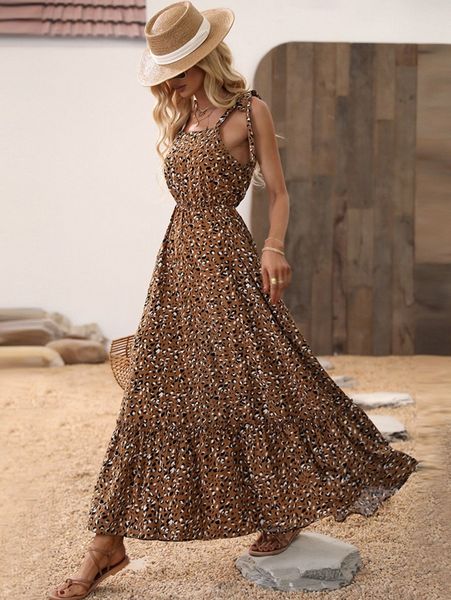 

leopard print tie shoulder frill trim cami dress b592#, Black;gray