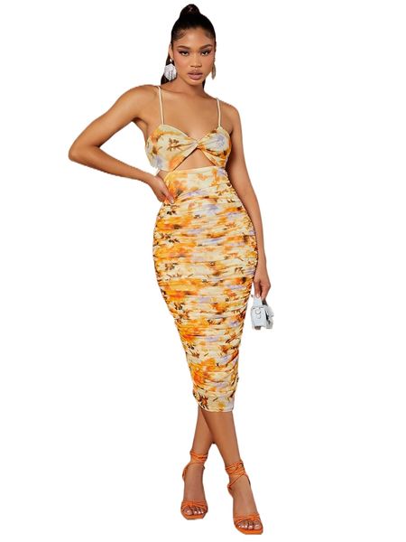 

bae floral print cut out twist front tie back ruched cami dress e5fm#, Black;gray