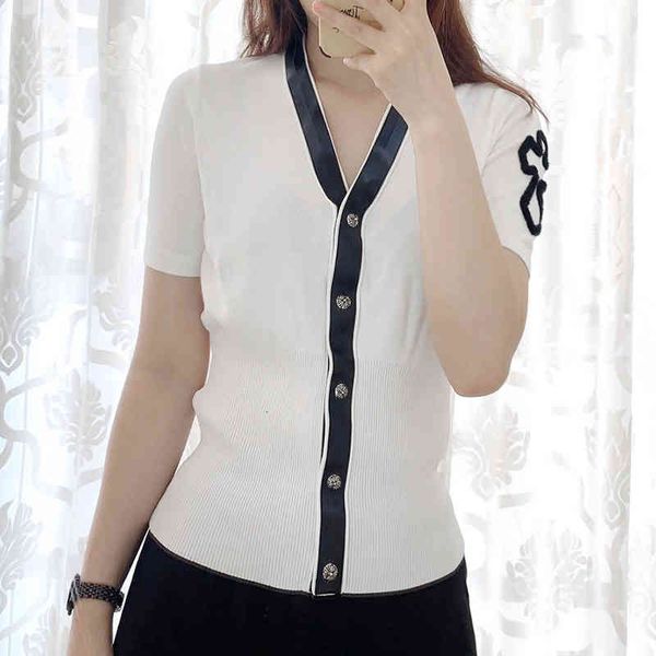 

women's polos cross pattern v-neck slim fit leather cardigan short sleeve women's versatile coat casual summer sweater oqav, White