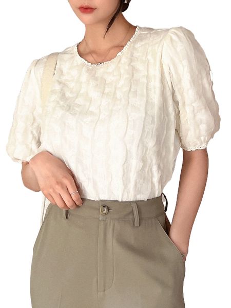 

dazy lace trim textured puff sleeve blouse 35za#, White