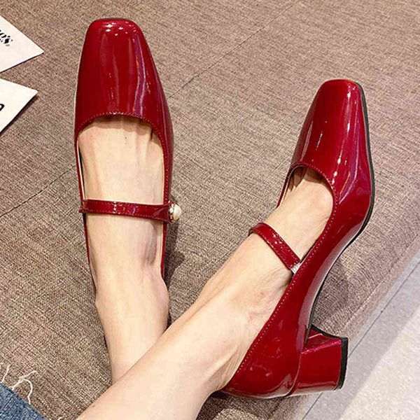 Women Dress Shoes Lucyever Parels Lakleer Mary Jane Schoenen Voor Vrouwen 2022 Vierkante Teen Med Hakken Pumps Vrouw Efen Kleur Slip Op Dames 220607