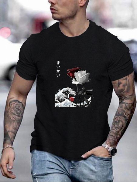 

men japanese letter & floral print tee n1hq#, White;black