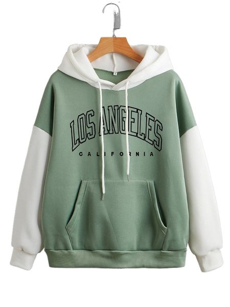 

two tone letter graphic kangaroo pocket drawstring thermal hoodie s8ez#, Black